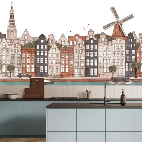 Sticker Amsterdam, Niederlande - nahtlose Banner der Skyline von Amsterdam, handgezeichnete und digital farbige Tinte Illustration