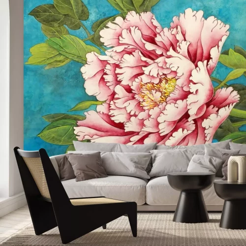 Fototapete Rosa Pfingstrose auf einem blauen Hintergrund