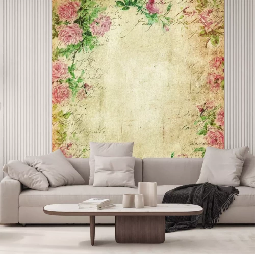 Fototapete Alte Papierstruktur mit rosa Blumen