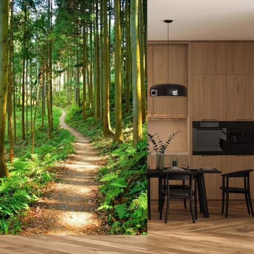 Sticker Waldweg zwischen grünen Bäumen