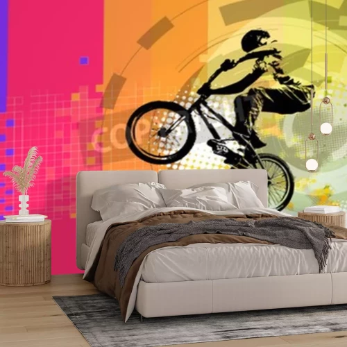 Fototapete Silhouette eines BMX-Fahrers auf abstraktem Hintergrund