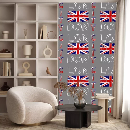 Tapete Britische Flagge T-Shirt Typografie Grafiken. Rote und weiße Design mit London, auf grauem Hintergrund isoliert. Symbol von England, Großbritannien Großbritannien. Schablonenkleid, -karte, -plakat. Ab