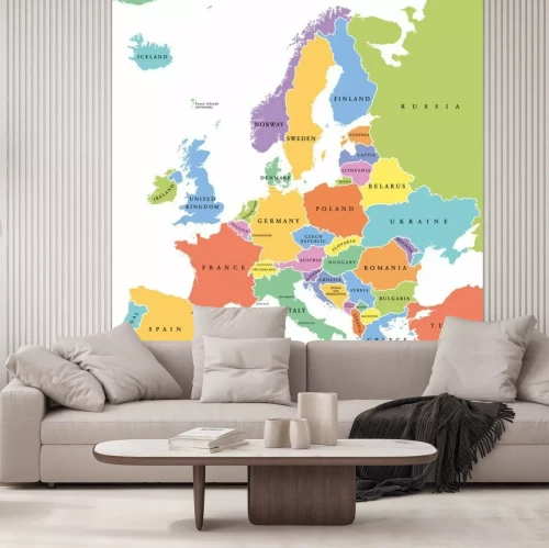 Sticker Europa einzigen Staaten politische Karte. Alle Länder in verschiedenen Farben, mit nationalen Grenzen und Ländernamen. Englisch Beschriftung und Skalierung. Illustration auf weißem Hintergrund.