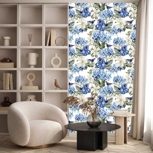 Tapete Kleine Vögel und Blumen Hortensien