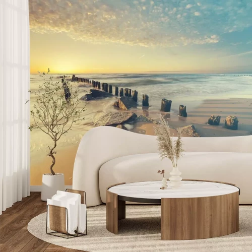 Fototapete Strand und Blick aufs Meer im Retro-Stil