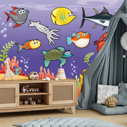 Sticker Lustige Fische unter dem Meer. Vektor-Illustration.