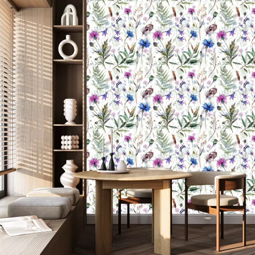 Tapete Aquarellwiese und Vogelfedern