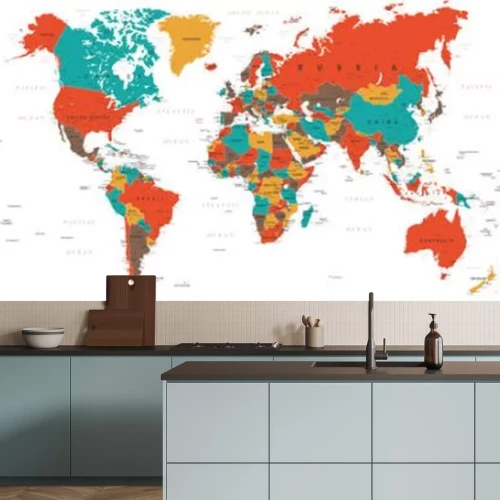 Fototapete Eine farbenfrohe politische Weltkarte in Rot Blau Gelb und Braun