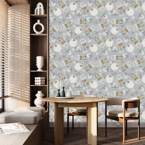 Tapete Vector niedliche nahtlose Illustration mit schönen Aliens, Raumschiff und kleinen Planeten. Graue und gelbe Farben. Kind kindisches Muster, gut für kreatives Verpackungspapierentwurf.