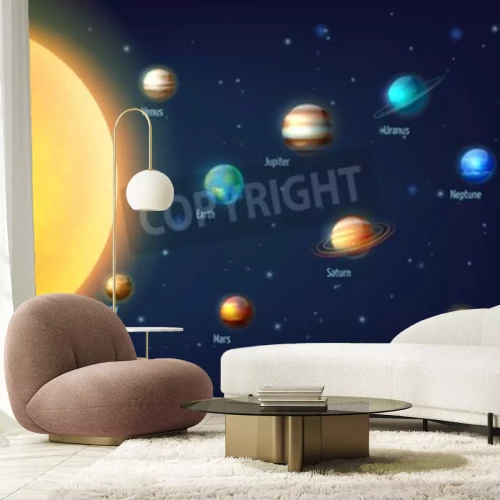 Fototapete Beschriftete Planeten um die Sonne