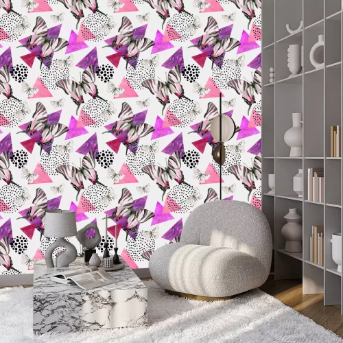 Tapete Schmetterlinge auf einem bunten geometrischen Hintergrund