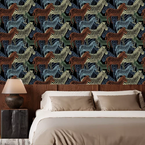 Tapete Bunte abstrakte Zebras auf schwarzem Hintergrund