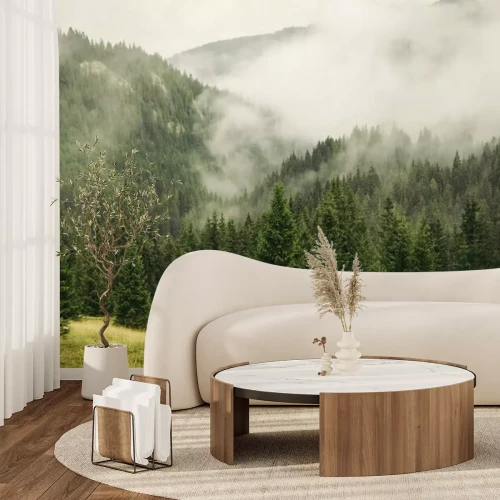 Fototapete Bergwald im Nebel