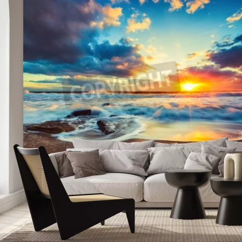 Fototapete Sonnenuntergang über schäumenden Wellen