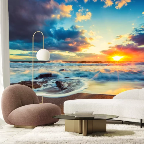 Fototapete Sonnenuntergang über schäumenden Wellen