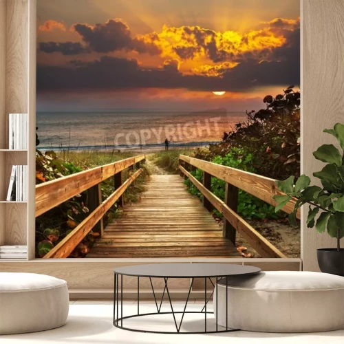 Fototapete Sonnenuntergang und Eingang zum Strand