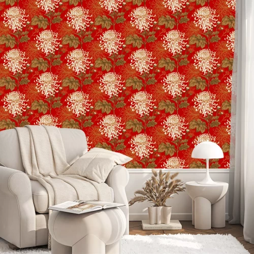 Tapete Vintage beige Chrysanthemen auf rotem Grund