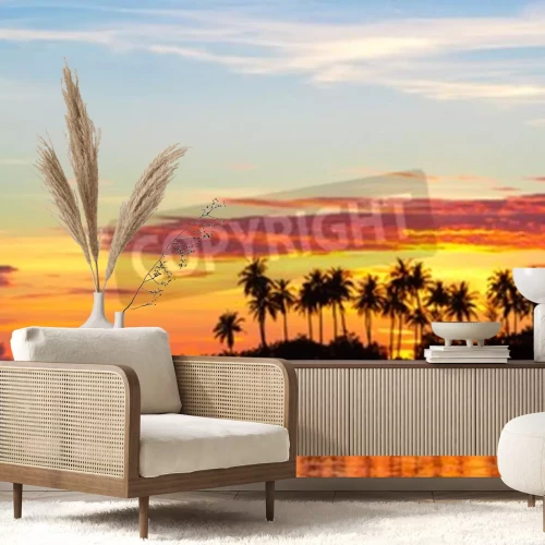 Fototapete Sonnenuntergang und Silhouetten tropischer Palmen