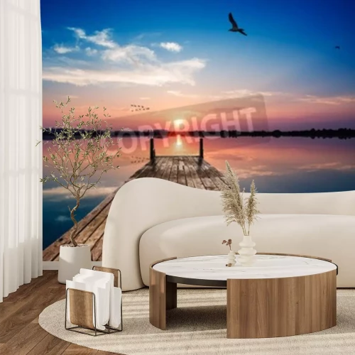 Fototapete Sonnenuntergang Steg und See