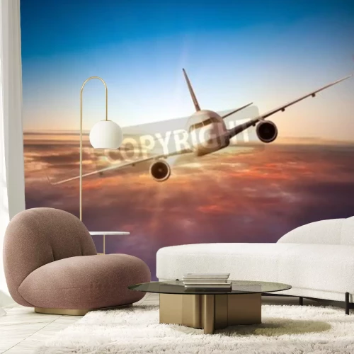 Fototapete Flugzeug vor dem Hintergrund des Sonnenuntergangs