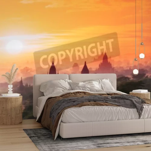 Fototapete Sonnenuntergang über buddhistischen Tempeln