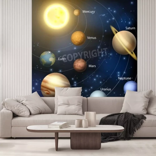 Fototapete Ein Sonnensystem mit beschrifteten Planeten