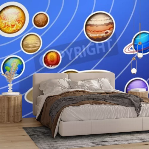 Fototapete Sonnensystem und Bahnen im blauen Hintergrund