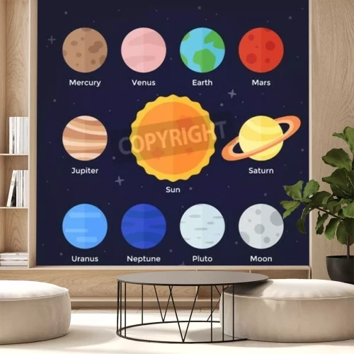 Fototapete Sonne im Zentrum, Mond und Planeten