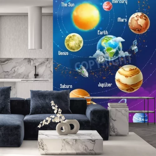 Fototapete Cartoon-Sonnensystem mit beschrifteten Planeten