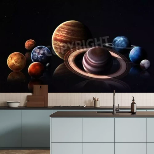 Fototapete Sonnensystem mit Saturn im Vordergrund