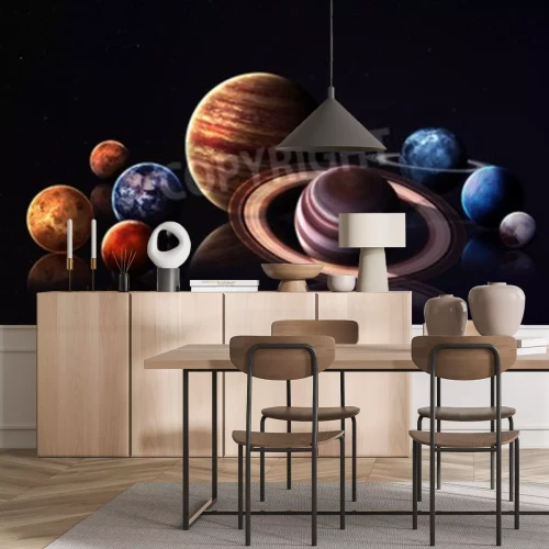 Fototapete Sonnensystem mit Saturn im Vordergrund