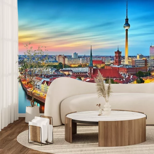 Fototapete Berlin Skyline mit dem Sonnenuntergang
