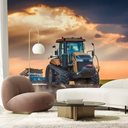 Fototapete Moderner Traktor auf dem Feld