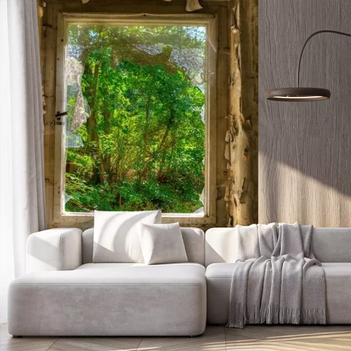 Fototapete Wald durch ein altes Fenster