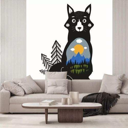 Sticker Fuchs, blaue Berge, schwarzer Kiefernwald, grüne Hügel, Wolken, Sonne und Schnee.