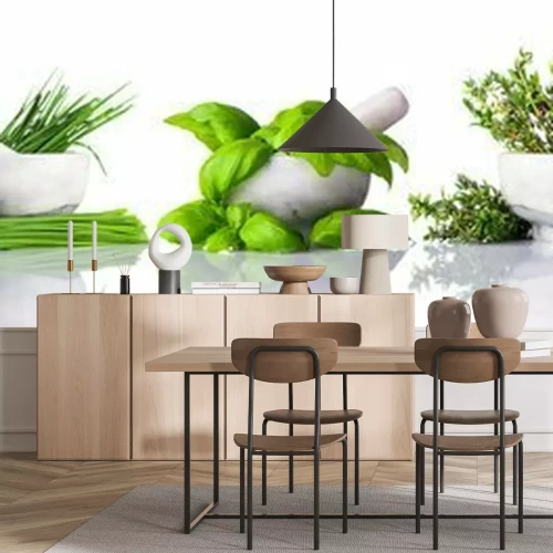 Fototapete Pestle und Mörtel mit grünen Kräutern auf weißem Hintergrund