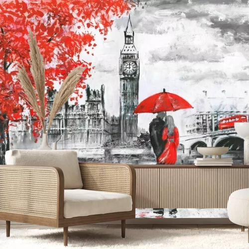 Sticker .oil Malerei auf Leinwand, Street View of London, Fluss und Bus auf der Brücke. Kunstwerk. Big Ben. Mann und Frau unter einem roten Regenschirm