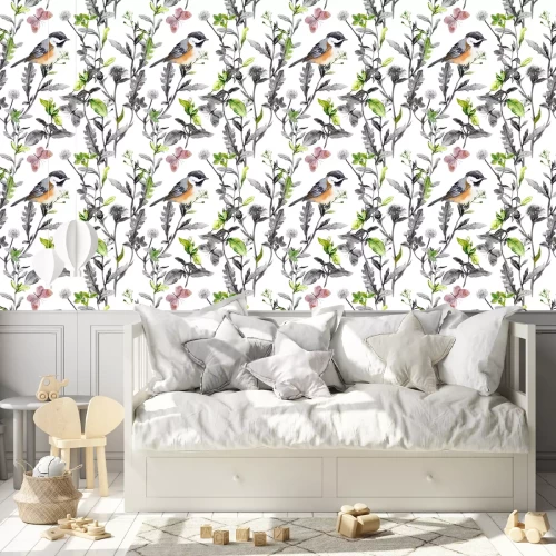 Tapete Wiesenblumen, Vogel, Schmetterlinge. Nahtlose Blumenmuster, schwarz-weiße Farben. Aquarell