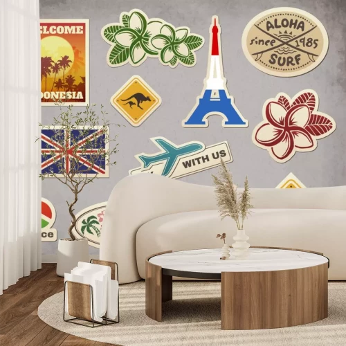 Sticker Vector Retro Reisegepäck Aufkleber Satz auf Grunge Hintergrund