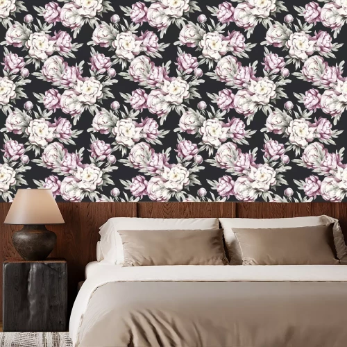 Tapete Pfingstrosen und Blätter auf dunklem Hintergrund