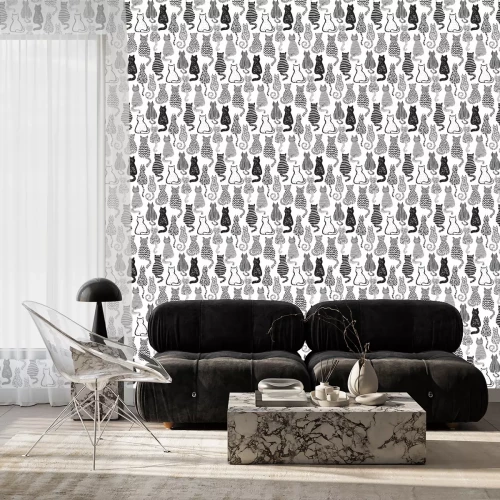 Tapete Schwarz-weiße Katzen rückwärts sitzend