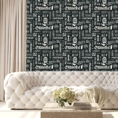 Tapete Nahtlose Muster mit verschiedenen Arten von Bier und Hand gezeichneten Schriftzug für Oktoberfest Bier Festival. Weinlesezeichnung für Tischset, Stabmenü, T-Shirt Druck und Bier themes. Abbildung