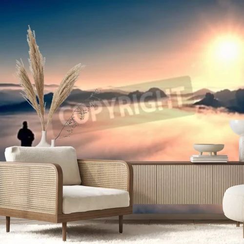 Fototapete Mensch und Sonnenaufgang in den Bergen