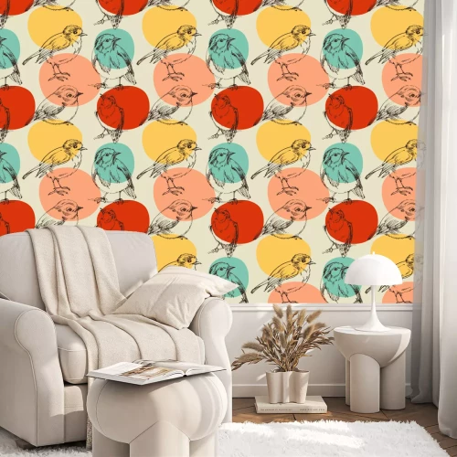 Tapete Skizzierte Vögel und Tupfenhintergrund