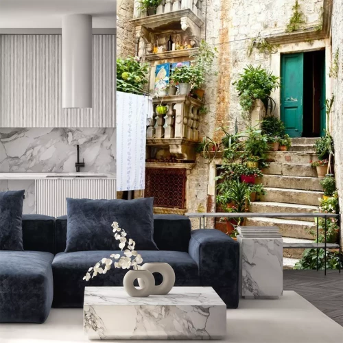 Fototapete Pflanzen auf Treppen zum Mietshaus