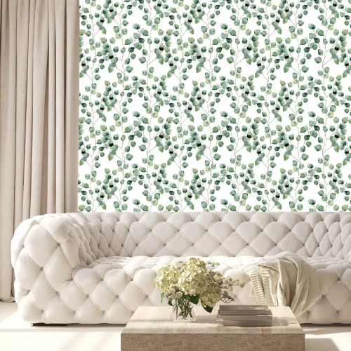 Tapete Aquarell Eukalyptuszweige mit grünen Blättern auf weißem Hintergrund