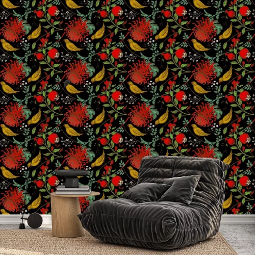 Tapete Ein leuchtendes Motiv mit Vögeln auf schwarzem Hintergrund