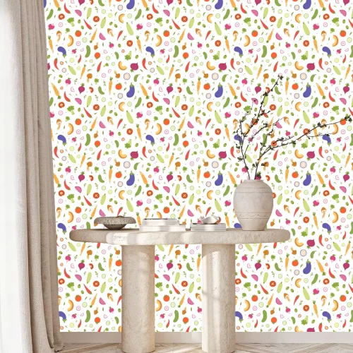 Tapete Grafisches buntes Gemüse ganz und in Scheiben geschnitten