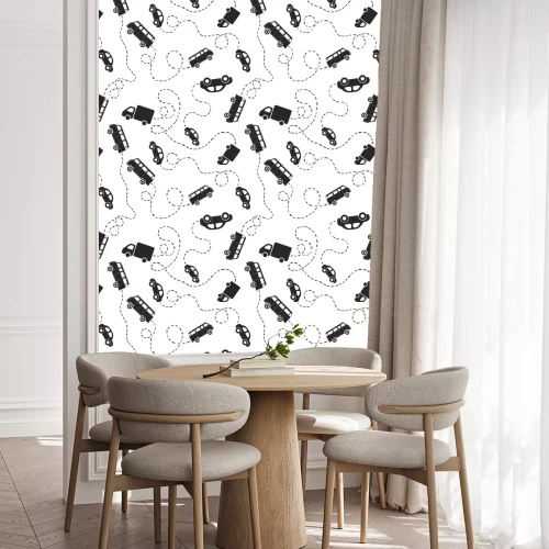 Tapete Nahtlose Muster - Autos. Schwarz auf weiß