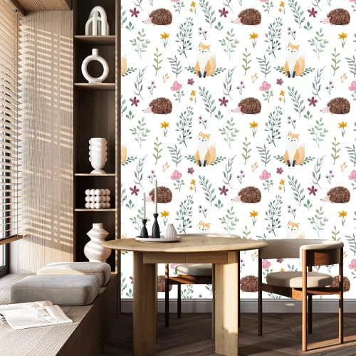 Tapete Aquarell Füchse Igel und Pflanzen